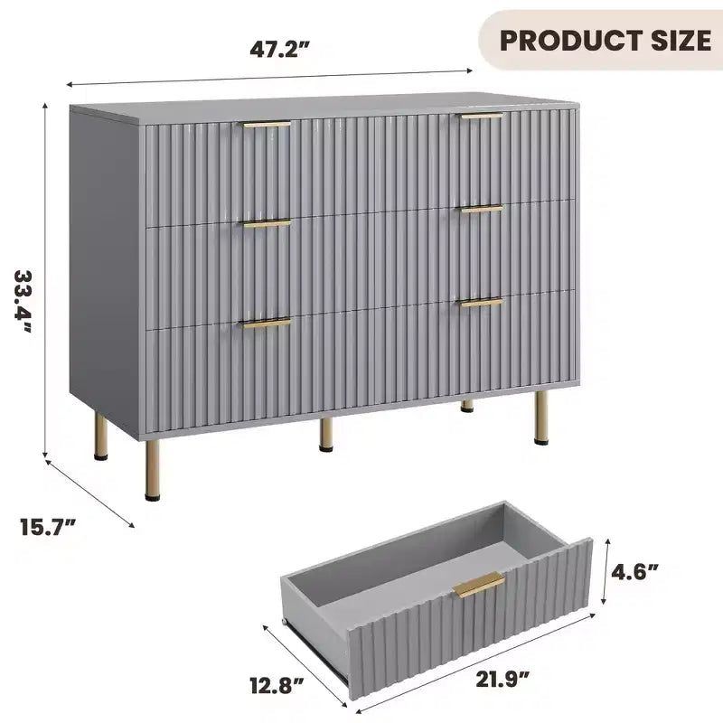 6-Drawer Double Dresser, 47.2 Fluted Wood Chest with Deep Storage & Large Top - TV Stand for Living Room, Bedroom, Hallway