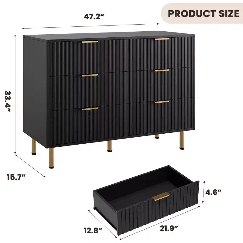 6-Drawer Double Dresser, 47.2 Fluted Wood Chest with Deep Storage & Large Top - TV Stand for Living Room, Bedroom, Hallway