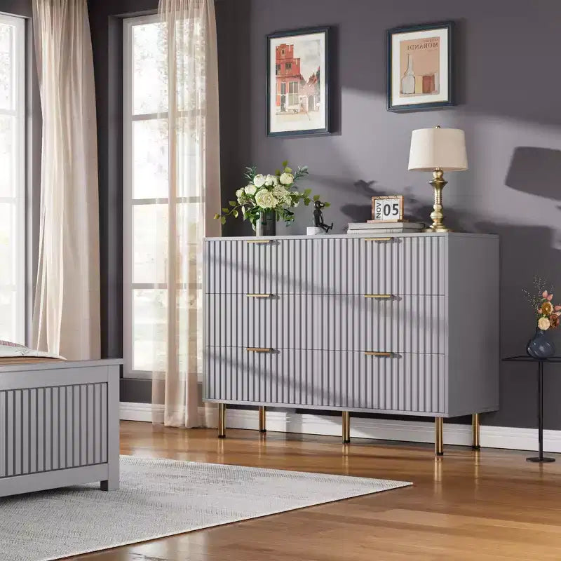 6-Drawer Double Dresser, 47.2 Fluted Wood Chest with Deep Storage & Large Top - TV Stand for Living Room, Bedroom, Hallway