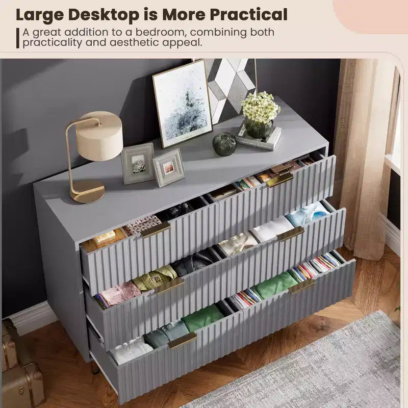 6-Drawer Double Dresser, 47.2 Fluted Wood Chest with Deep Storage & Large Top - TV Stand for Living Room, Bedroom, Hallway