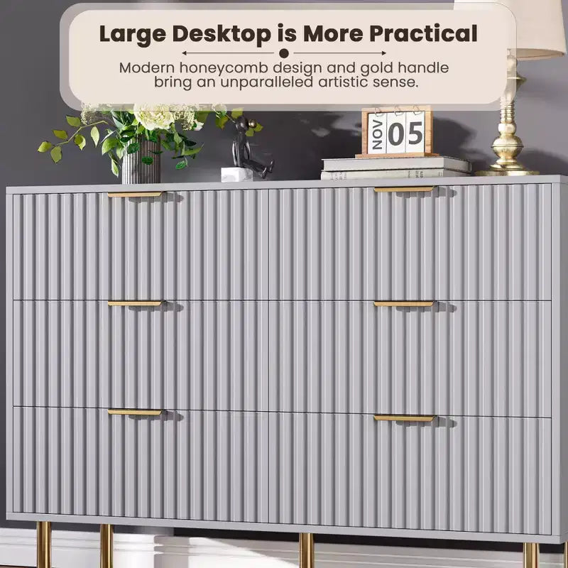 6-Drawer Double Dresser, 47.2 Fluted Wood Chest with Deep Storage & Large Top - TV Stand for Living Room, Bedroom, Hallway