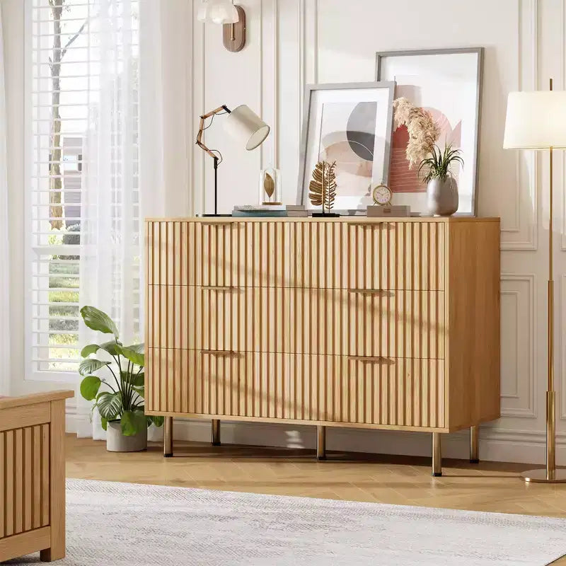 6-Drawer Double Dresser, 47.2 Fluted Wood Chest with Deep Storage & Large Top - TV Stand for Living Room, Bedroom, Hallway