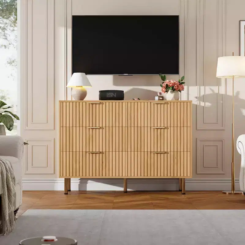 6-Drawer Double Dresser, 47.2 Fluted Wood Chest with Deep Storage & Large Top - TV Stand for Living Room, Bedroom, Hallway