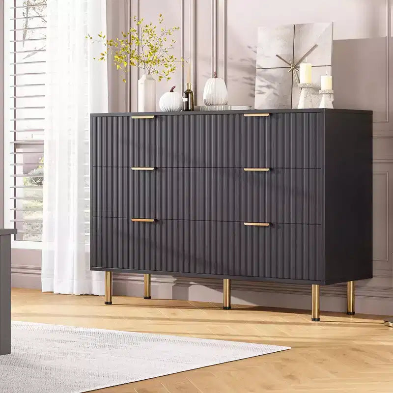 6-Drawer Double Dresser, 47.2 Fluted Wood Chest with Deep Storage & Large Top - TV Stand for Living Room, Bedroom, Hallway