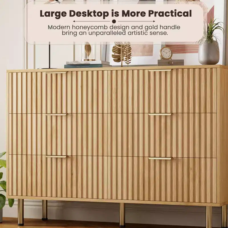 6-Drawer Double Dresser, 47.2 Fluted Wood Chest with Deep Storage & Large Top - TV Stand for Living Room, Bedroom, Hallway