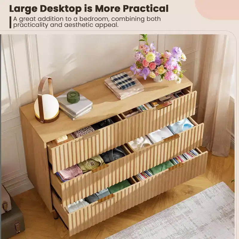 6-Drawer Double Dresser, 47.2 Fluted Wood Chest with Deep Storage & Large Top - TV Stand for Living Room, Bedroom, Hallway