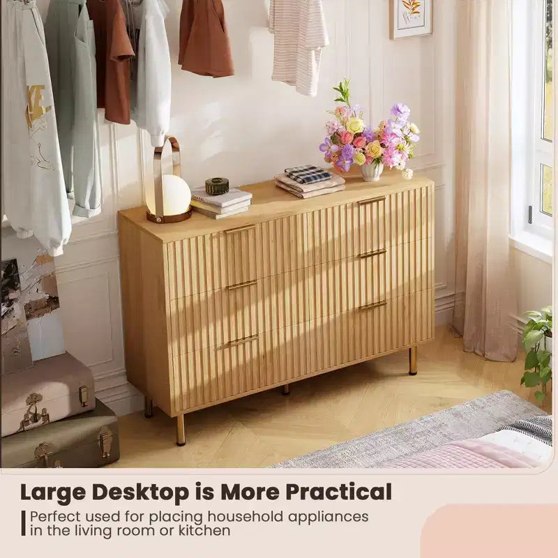 6-Drawer Double Dresser, 47.2 Fluted Wood Chest with Deep Storage & Large Top - TV Stand for Living Room, Bedroom, Hallway