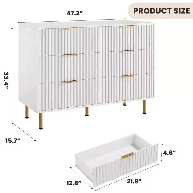6-Drawer Double Dresser, 47.2 Fluted Wood Chest with Deep Storage & Large Top - TV Stand for Living Room, Bedroom, Hallway