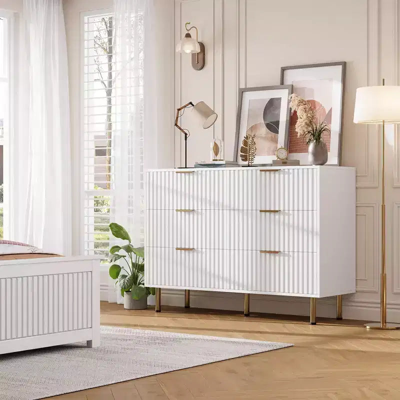6-Drawer Double Dresser, 47.2 Fluted Wood Chest with Deep Storage & Large Top - TV Stand for Living Room, Bedroom, Hallway