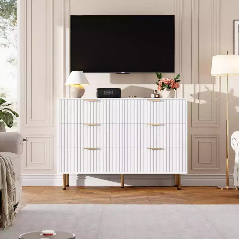 6-Drawer Double Dresser, 47.2 Fluted Wood Chest with Deep Storage & Large Top - TV Stand for Living Room, Bedroom, Hallway