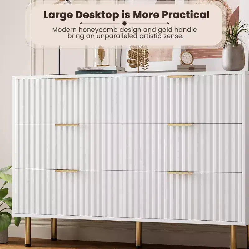 6-Drawer Double Dresser, 47.2 Fluted Wood Chest with Deep Storage & Large Top - TV Stand for Living Room, Bedroom, Hallway