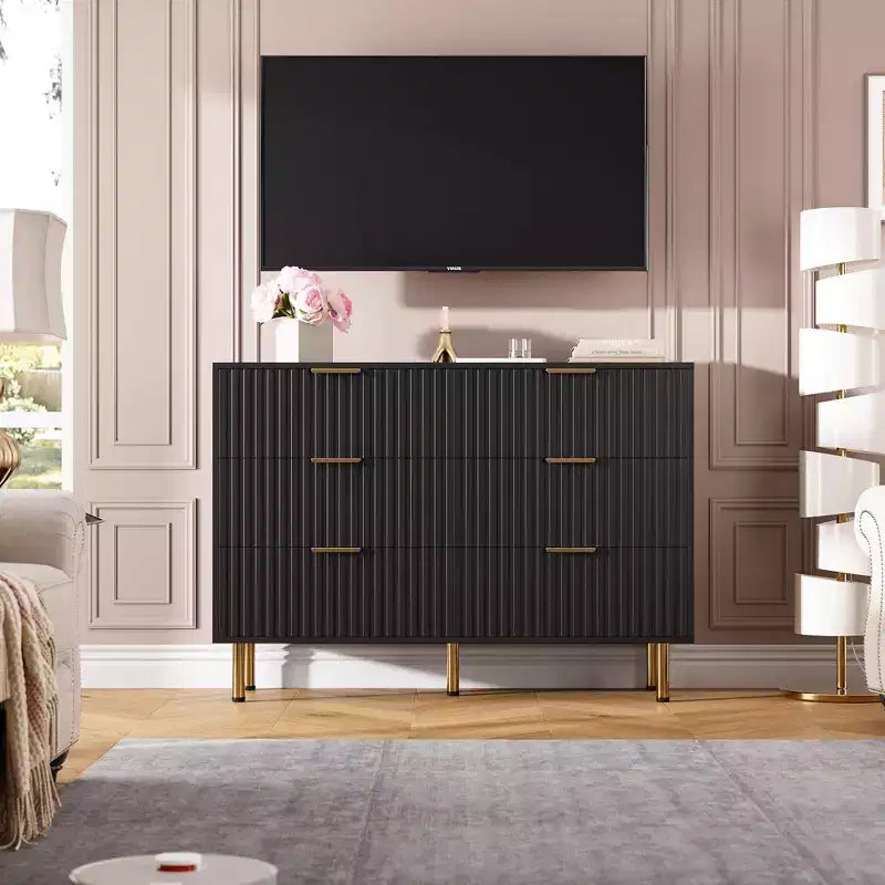6-Drawer Double Dresser, 47.2 Fluted Wood Chest with Deep Storage & Large Top - TV Stand for Living Room, Bedroom, Hallway