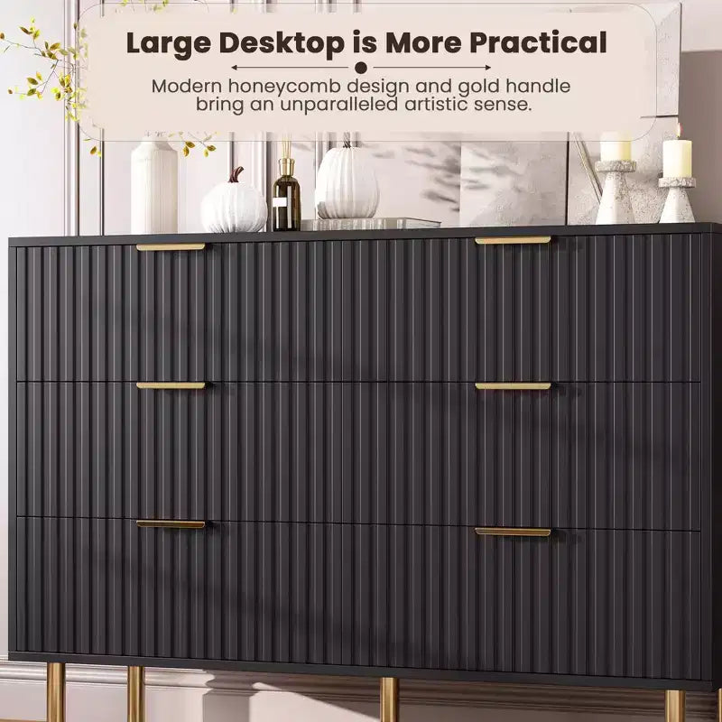 6-Drawer Double Dresser, 47.2 Fluted Wood Chest with Deep Storage & Large Top - TV Stand for Living Room, Bedroom, Hallway