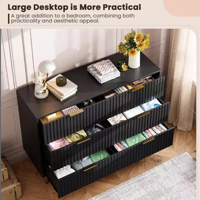 6-Drawer Double Dresser, 47.2 Fluted Wood Chest with Deep Storage & Large Top - TV Stand for Living Room, Bedroom, Hallway