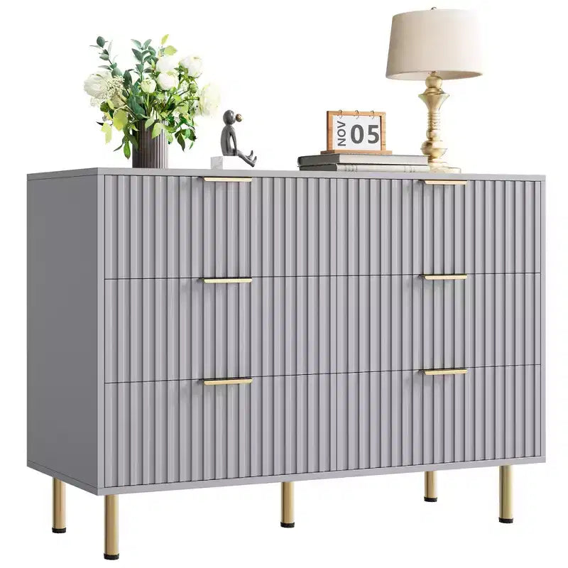 6-Drawer Double Dresser, 47.2 Fluted Wood Chest with Deep Storage & Large Top - TV Stand for Living Room, Bedroom, Hallway