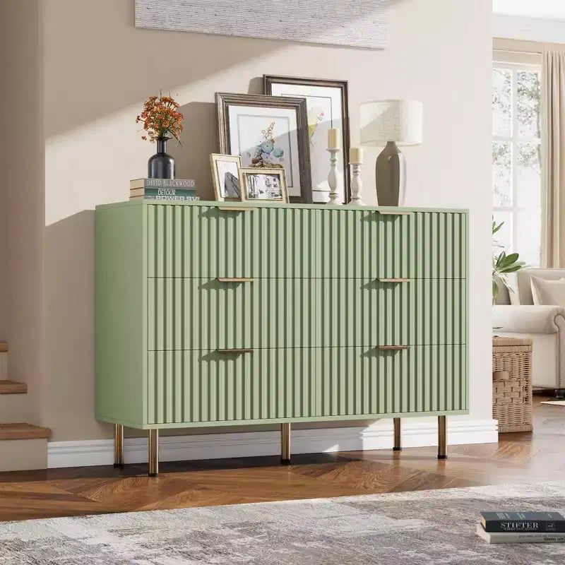 6-Drawer Double Dresser, 47.2 Fluted Wood Chest with Deep Storage & Large Top - TV Stand for Living Room, Bedroom, Hallway