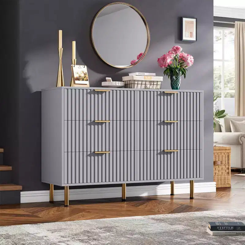 6-Drawer Double Dresser, 47.2 Fluted Wood Chest with Deep Storage & Large Top - TV Stand for Living Room, Bedroom, Hallway