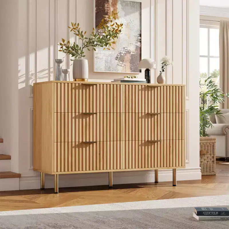 6-Drawer Double Dresser, 47.2 Fluted Wood Chest with Deep Storage & Large Top - TV Stand for Living Room, Bedroom, Hallway
