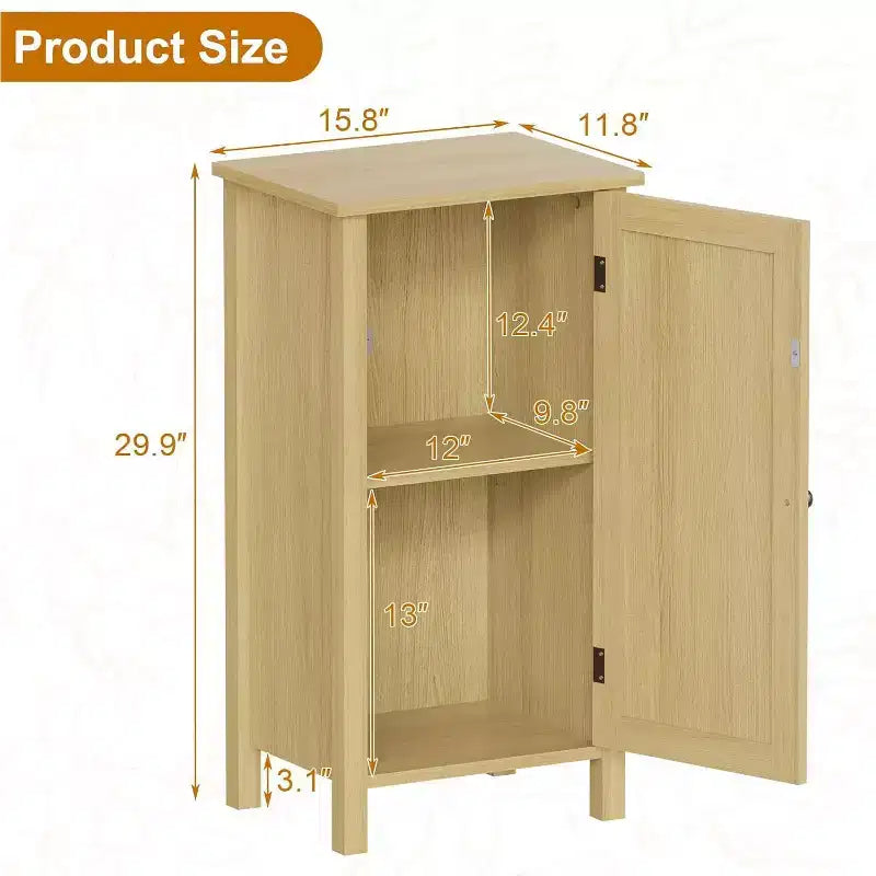 Storage Cabinet with Woven Rattan Door, 2-Tier Space-Saving Freestanding Organizer, Finish Nightstand for Bathroom, Kitchen, Living Room
