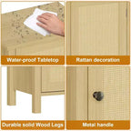 Storage Cabinet with Woven Rattan Door, 2-Tier Space-Saving Freestanding Organizer, Finish Nightstand for Bathroom, Kitchen, Living Room