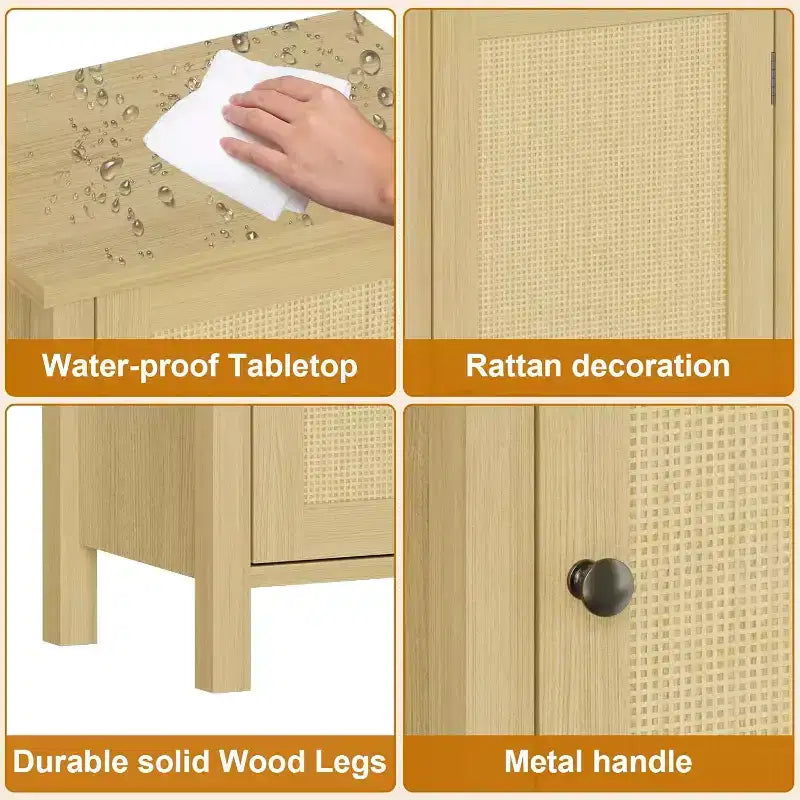 Storage Cabinet with Woven Rattan Door, 2-Tier Space-Saving Freestanding Organizer, Finish Nightstand for Bathroom, Kitchen, Living Room