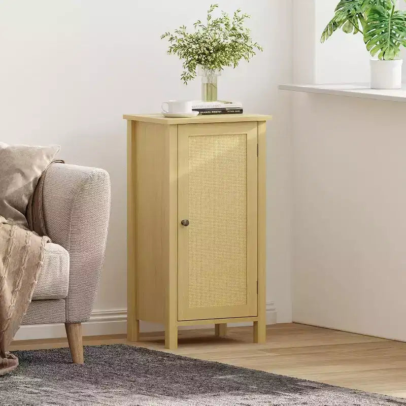 Storage Cabinet with Woven Rattan Door, 2-Tier Space-Saving Freestanding Organizer, Finish Nightstand for Bathroom, Kitchen, Living Room