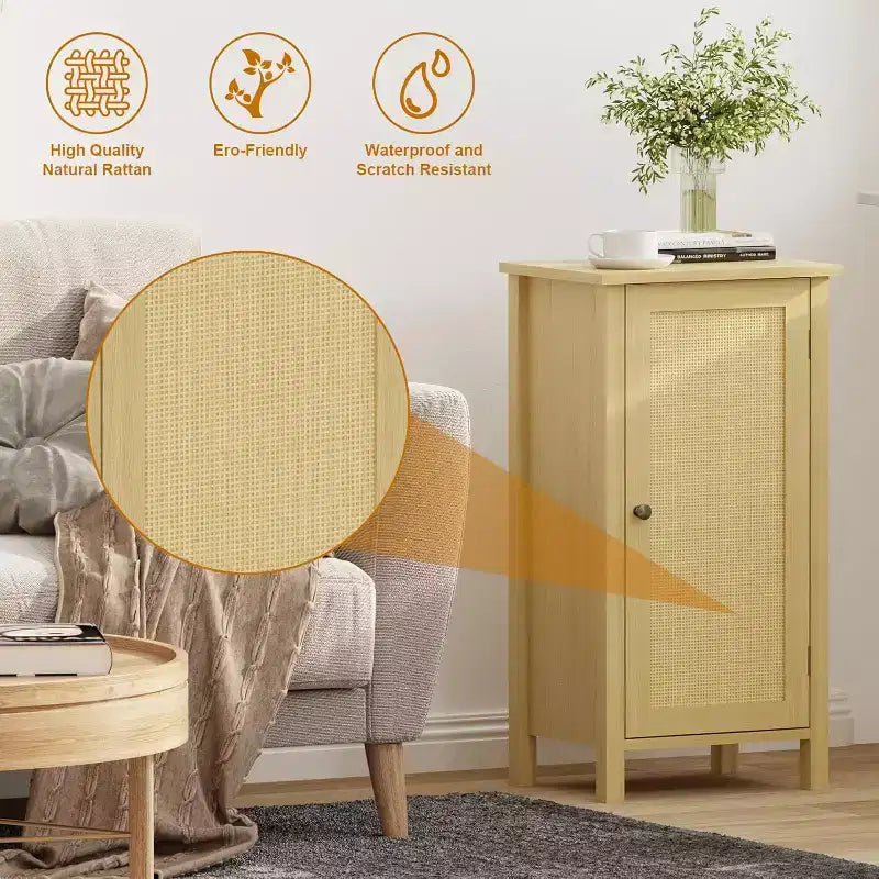 Storage Cabinet with Woven Rattan Door, 2-Tier Space-Saving Freestanding Organizer, Finish Nightstand for Bathroom, Kitchen, Living Room