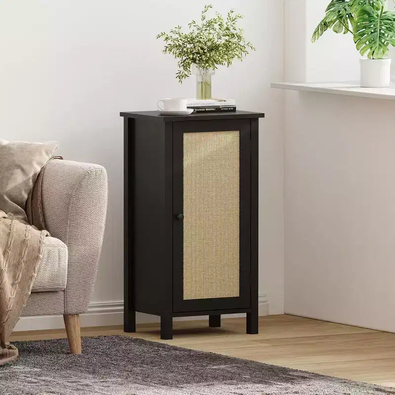 Storage Cabinet with Woven Rattan Door, 2-Tier Space-Saving Freestanding Organizer, Finish Nightstand for Bathroom, Kitchen, Living Room