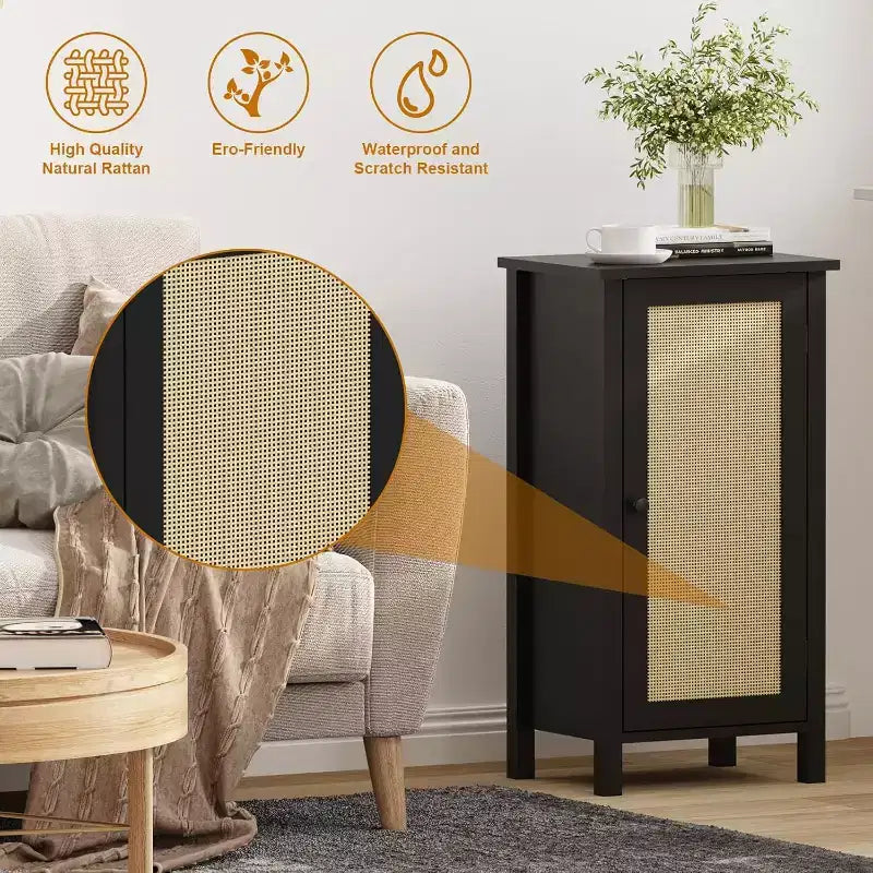 Storage Cabinet with Woven Rattan Door, 2-Tier Space-Saving Freestanding Organizer, Finish Nightstand for Bathroom, Kitchen, Living Room