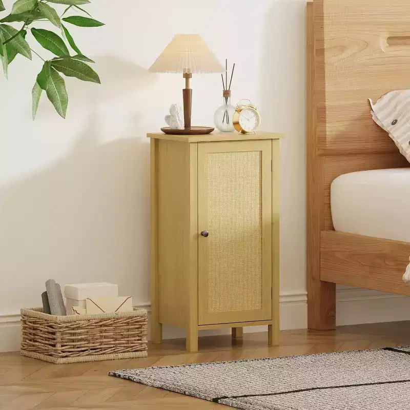 Storage Cabinet with Woven Rattan Door, 2-Tier Space-Saving Freestanding Organizer, Finish Nightstand for Bathroom, Kitchen, Living Room