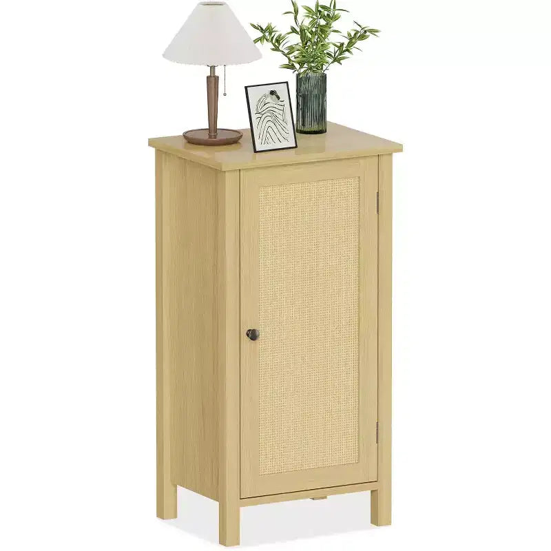 Storage Cabinet with Woven Rattan Door, 2-Tier Space-Saving Freestanding Organizer, Finish Nightstand for Bathroom, Kitchen, Living Room