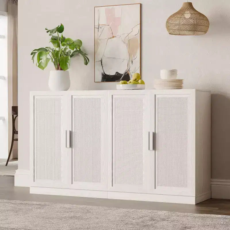 3-Set Rattan Door Sideboard Buffet Storage Cabinets with Adjustable Shelves - 93Lx36H