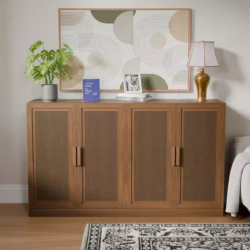 3-Set Rattan Door Sideboard Buffet Storage Cabinets with Adjustable Shelves - 93Lx36H