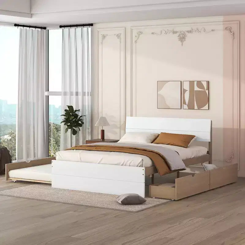 Full Size Sturdy Wood Bed Frame with Twin Trundle and 2 Storage Drawers, no Box Spring Needed, Trundle Bed for Bedroom, Guest Room, or Small Space