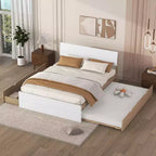 Full Size Sturdy Wood Bed Frame with Twin Trundle and 2 Storage Drawers, no Box Spring Needed, Trundle Bed for Bedroom, Guest Room, or Small Space