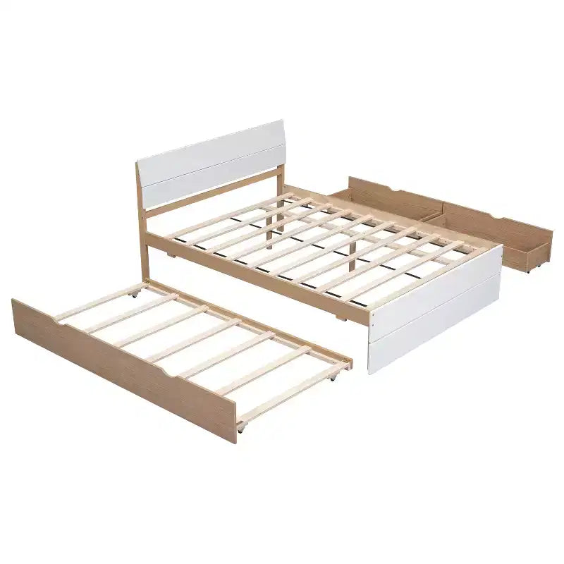 Full Size Sturdy Wood Bed Frame with Twin Trundle and 2 Storage Drawers, no Box Spring Needed, Trundle Bed for Bedroom, Guest Room, or Small Space