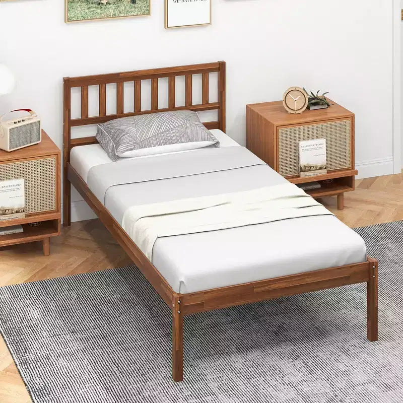 Costway Twin/Full/Queen Platform Bed with Headboard Solid Wood Leg Mattress Foundation Walnut