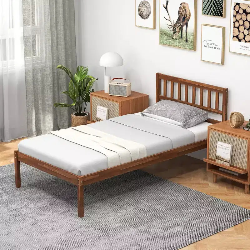 Costway Twin/Full/Queen Platform Bed with Headboard Solid Wood Leg Mattress Foundation Walnut