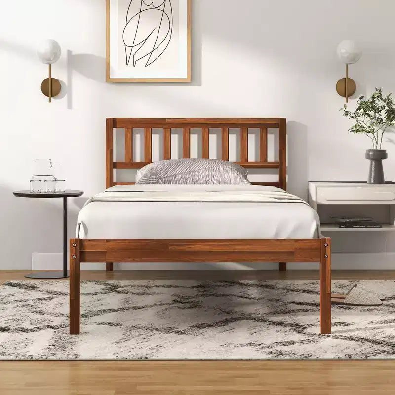 Costway Twin/Full/Queen Platform Bed with Headboard Solid Wood Leg Mattress Foundation Walnut