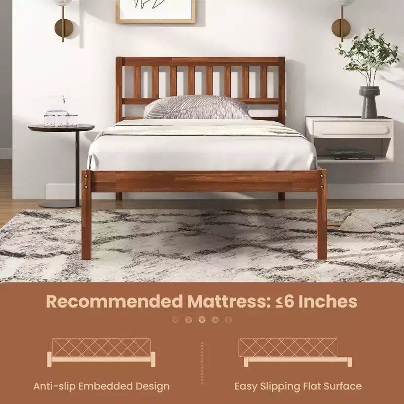 Costway Twin/Full/Queen Platform Bed with Headboard Solid Wood Leg Mattress Foundation Walnut