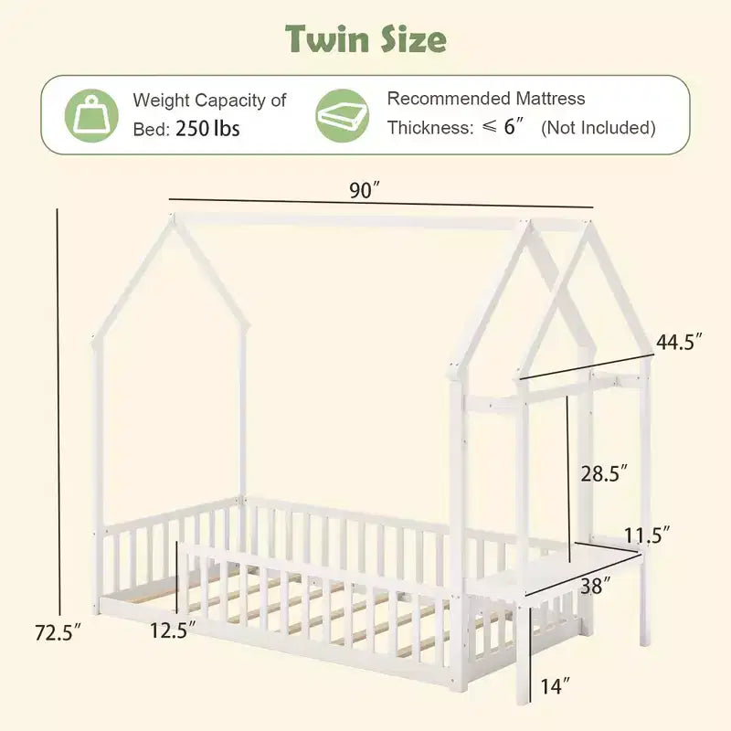 Costway Twin House Floor Bed w/ Storage Shelf & Detachable Clothes Hanger Guardrails