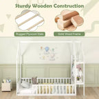 Costway Twin House Floor Bed w/ Storage Shelf & Detachable Clothes Hanger Guardrails
