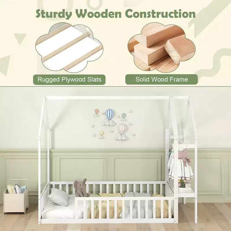 Costway Twin House Floor Bed w/ Storage Shelf & Detachable Clothes Hanger Guardrails