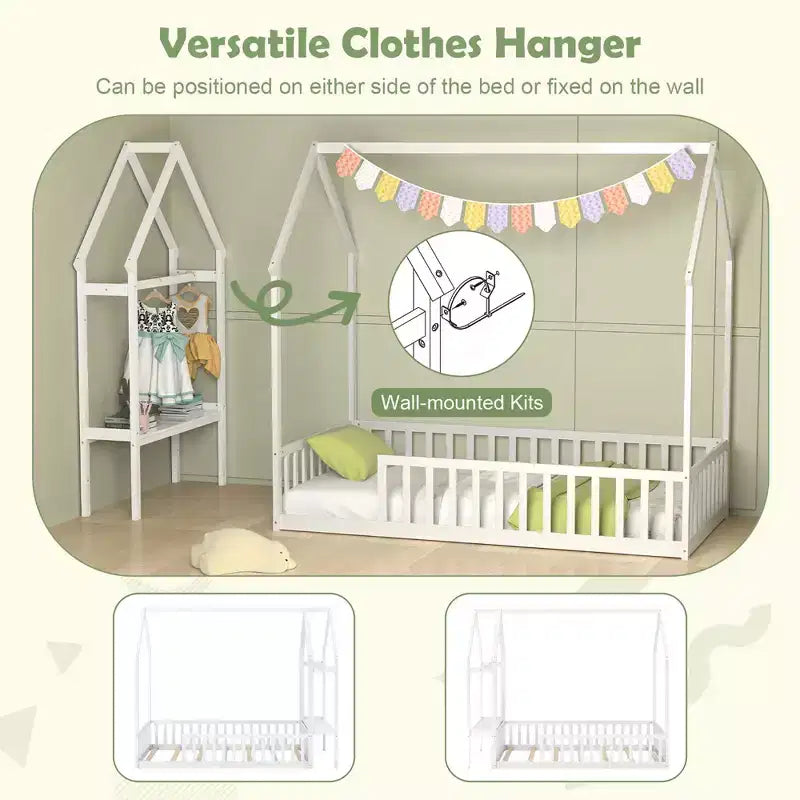 Costway Twin House Floor Bed w/ Storage Shelf & Detachable Clothes Hanger Guardrails