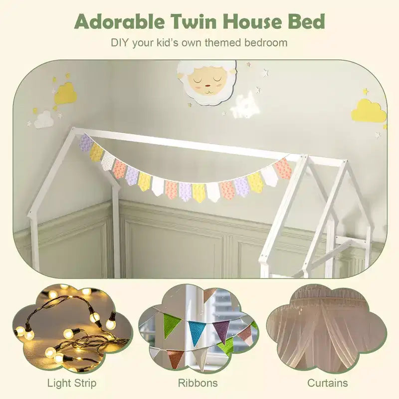 Costway Twin House Floor Bed w/ Storage Shelf & Detachable Clothes Hanger Guardrails