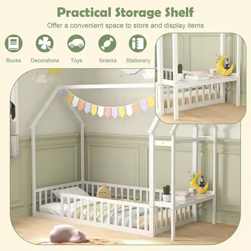 Costway Twin House Floor Bed w/ Storage Shelf & Detachable Clothes Hanger Guardrails