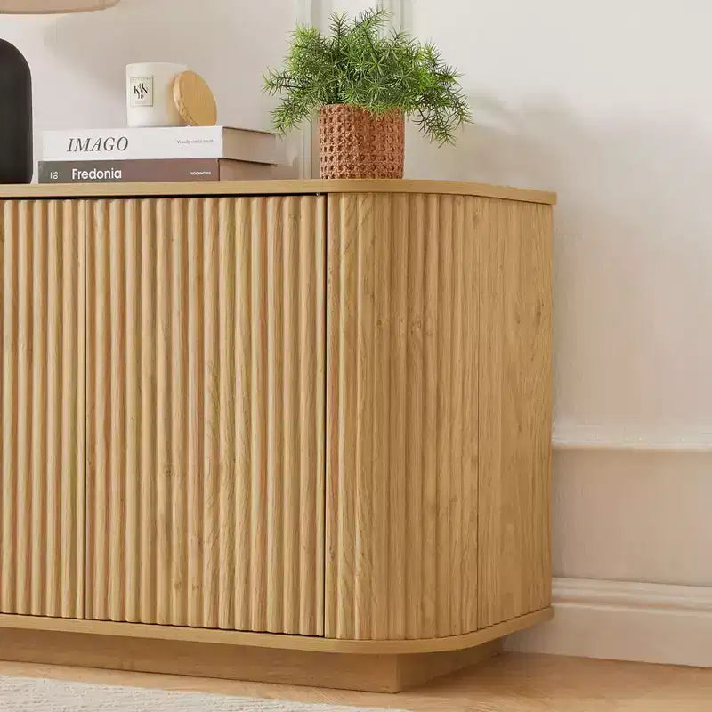 Okak Vertical Striped Wooden Buffet Sideboard Storage Cabinet TV Stand,Curved Corner Pantry Cabinets for Dining Room,Kitchen