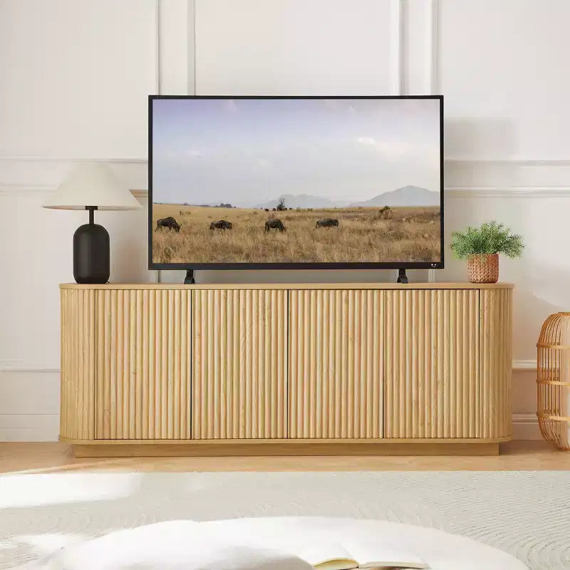 Okak Vertical Striped Wooden Buffet Sideboard Storage Cabinet TV Stand,Curved Corner Pantry Cabinets for Dining Room,Kitchen