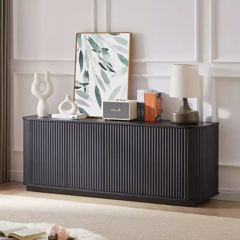 Okak Vertical Striped Wooden Buffet Sideboard Storage Cabinet TV Stand,Curved Corner Pantry Cabinets for Dining Room,Kitchen