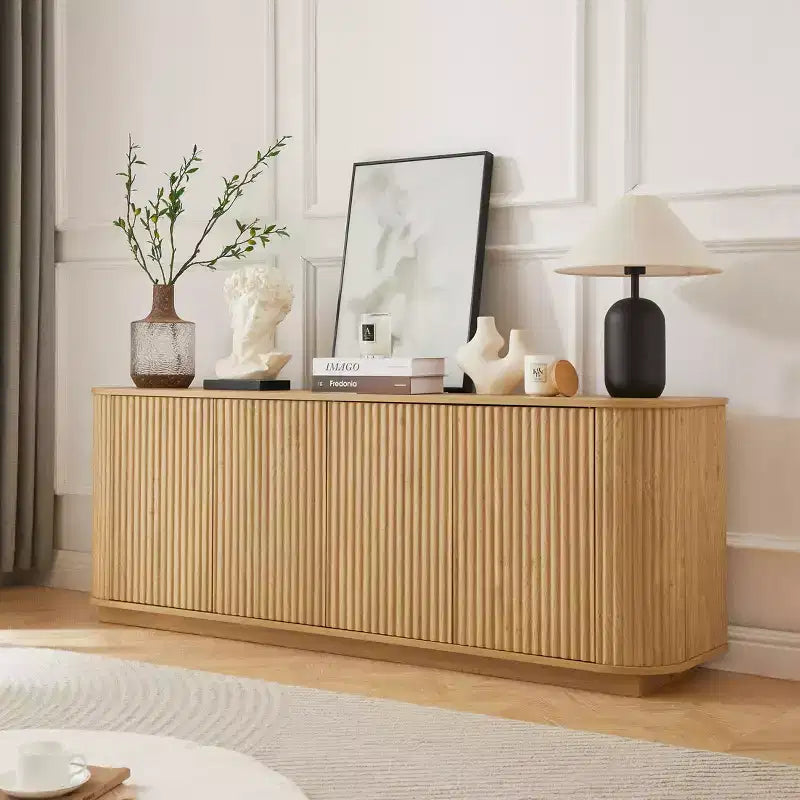 Okak Vertical Striped Wooden Buffet Sideboard Storage Cabinet TV Stand,Curved Corner Pantry Cabinets for Dining Room,Kitchen
